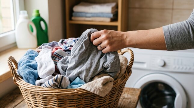 Young woman sorting clothes in wicker basket for sustainable laundry routine at home