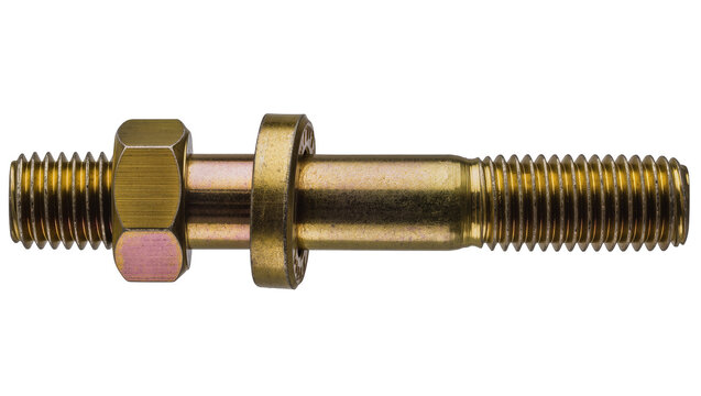 Hexagonal nut and washer on threaded metal rod, isolated on transparent background