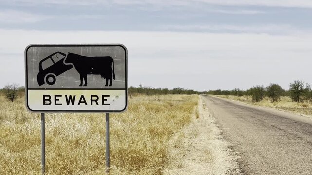 Black and yellow warning sign showing cattle and car collision on Carpentaria Highway, Queensland, Australia. Rural road safety and livestock hazard in outback setting.