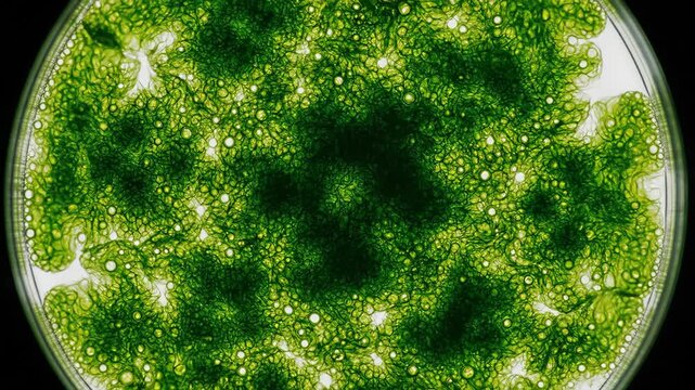 A green moldy substance growing on a white surface within a circular glass container