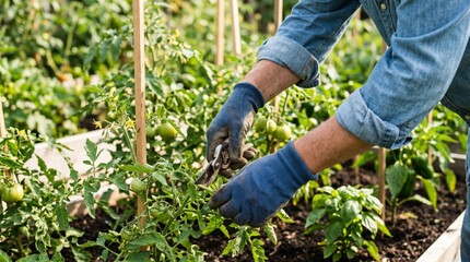 Fototapeta premium Senior male gardener pruning organic tomato plants in a sustainable urban homestead garden