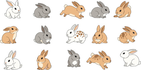 Fototapeta premium Set of Cute Rabbit Vector Illustrations Featuring Baby Bunnies in Playful Activities Including Hopping Standing and Sitting for Pet Care and Kids Themed Creative Designs