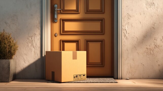 Delivery Package at Residential Doorstep with Warm Lighting Effects