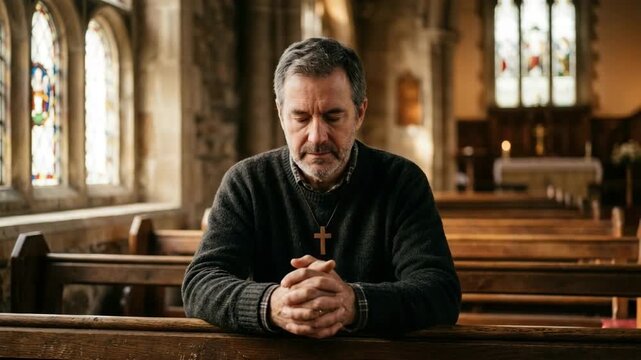 Thoughtful Man Praying Inside Church in Quiet Reflection