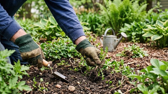 Senior man pulling weeds by hand in organic garden bed with trowel and watering can