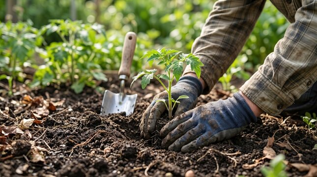 Adult male gardener planting organic tomato seedling in dark soil for sustainable home food production