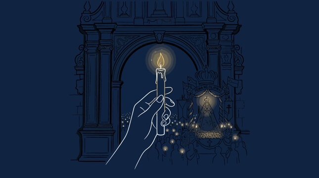 A hand holds a lit candle in front of an old archway at night.