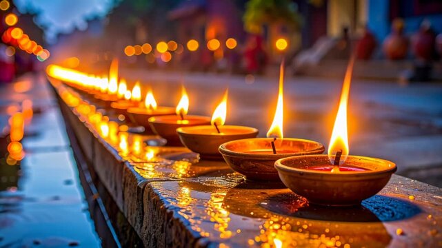 Row of traditional lit oil lamps during a religious festival creating a warm, spiritual glow