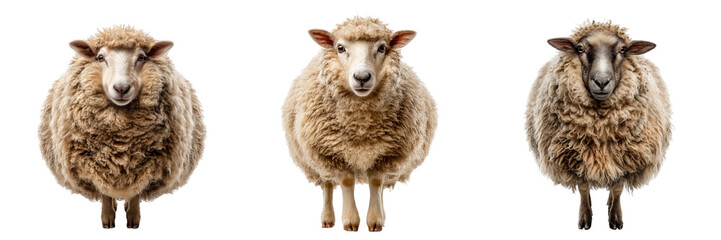 Fototapeta premium Set of single fluffy white sheep standing calmly, full body visible on transparent png background. Ai generated
