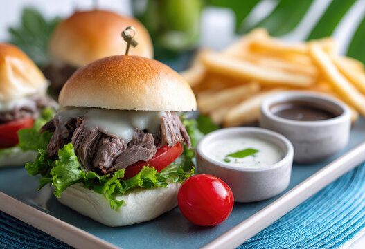 Delicious Mini Burgers with Fries and Dipping Sauces.