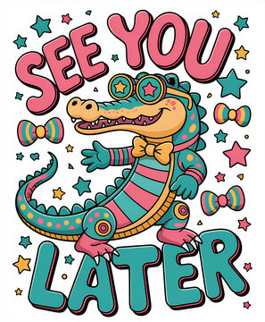 Colorful Cartoon Alligator Waving Goodbye with See You Later Text in Festive Party Decor