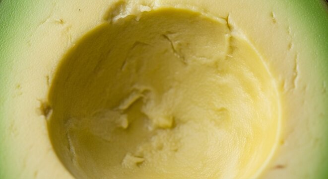 Close-up macro shot of a ripe avocado cut in half revealing its creamy green flesh and the circular pit impression