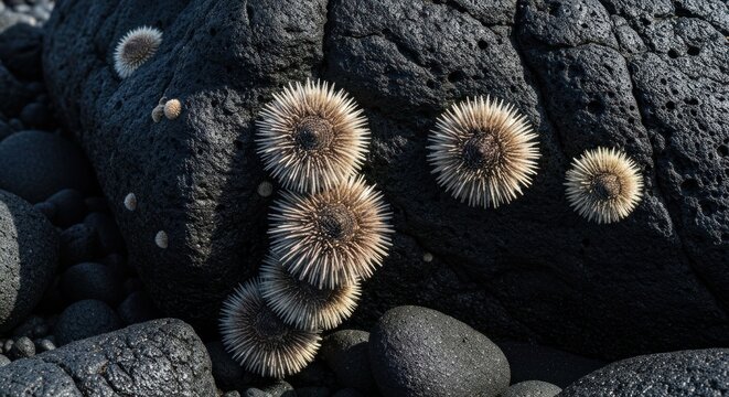 Sea Anemones Clinging to Dark Volcanic Rocks on Shoreline.