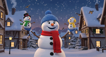 Obraz premium Smiling Snowman Wearing Blue Hat and Red Scarf in Snowy Village at Night