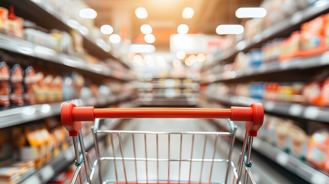 Leerer Einkaufswagen im Supermarkt mit unscharfem Hintergrund und warmem Licht