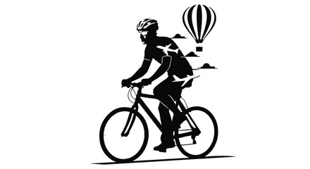 Fototapeta premium Silhouette of a cyclist riding with hot air balloon and clouds for travel concept