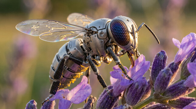 Micro robotic bee pollinating lavender flower macro