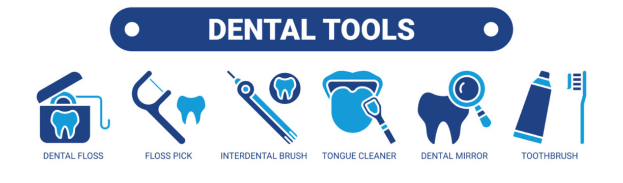 Dental Tools web banner icon vector illustration concept with icons of dental floss, floss pick, interdental brush, tongue cleaner, dental mirror, and toothbrush. 