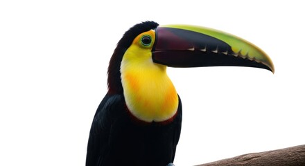 Fototapeta premium Closeup of a colorful toucan perched on a branch against white.