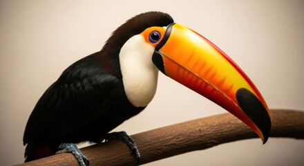 Fototapeta premium Closeup of a majestic toucan perched on a branch showcasing its vibrant beak.