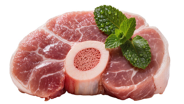 Raw osso buco cut with bone marrow and fresh mint leaves, isolated on transparent background