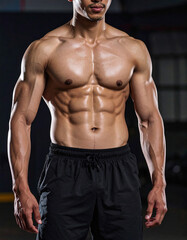 Obraz premium Muscular man with defined abs and toned physique standing confidently, wearing athletic shorts, concept of strength, discipline and health