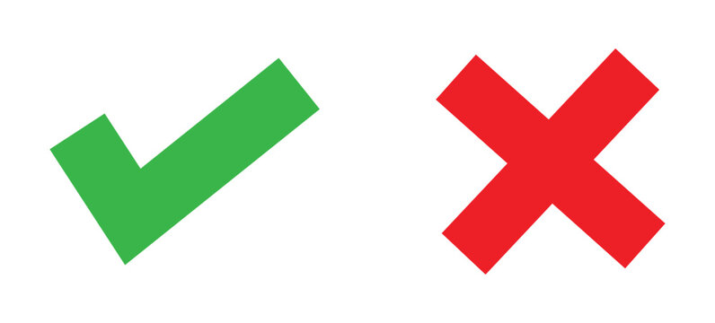 Checkmark cross symbols. Set of red cross and green check mark icons. Cross and tick symbols. Vote checkmark, cross icons, symbols set. Vector icons.