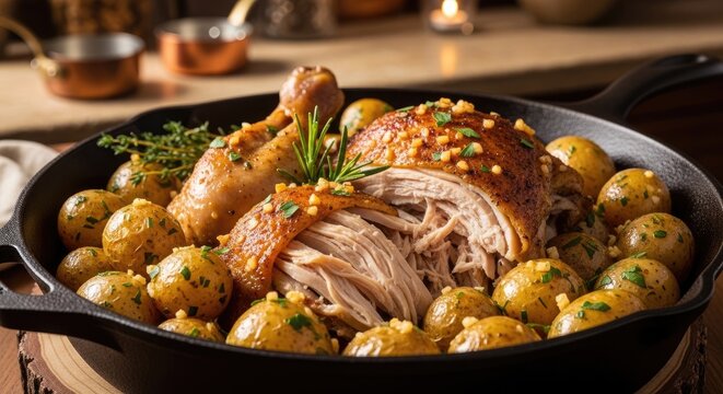 Roasted Chicken and Potatoes in a Pan.