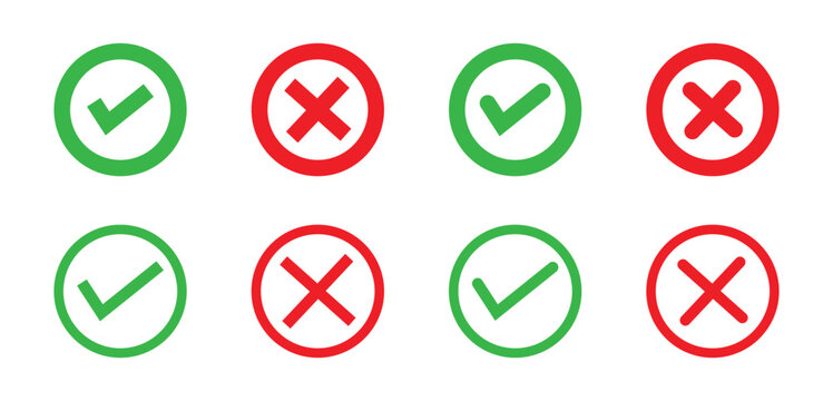 Green tick mark and red cross sign in circle icons for correct and incorrect answers, yes and no buttons tick and cross icons. Vector illustration.