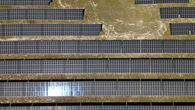 Aerial view of rows of solar panels in a large photovoltaic power plant with sunlight reflecting off the glass surfaces Palmela, Setubal, Portugal.