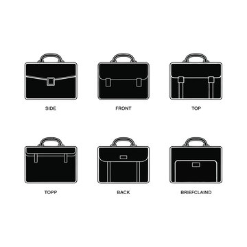 A black briefcase icon set in various views and angles
