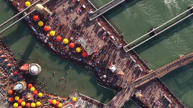 Top view of har ki pauri, haridwar captured with drone 