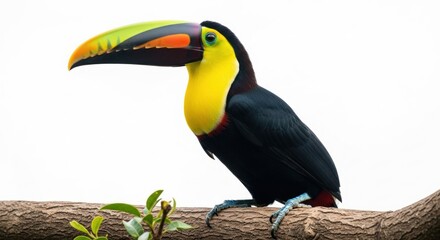 Fototapeta premium Colorful Toucan Perched on Branch Against White Background 1.