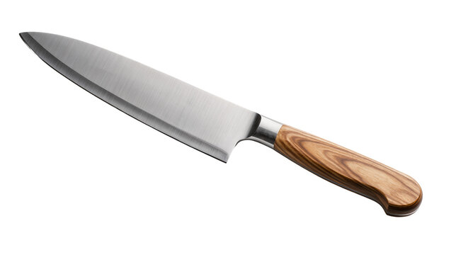 Sharp stainless steel chef s knife with polished metal blade and wooden handle, isolated on transparent background