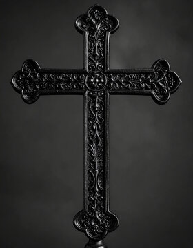 Ornate gothic black metal cross with intricate carvings, dark background, concept of Christian faith, spirituality and devotion, sacred artifact