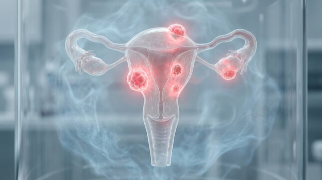 Uterine fibroid pelvic pain uterus women health gynecology female anatomy medical concept shown with transparent reproductive organ illustration highlighting fibroid growth for clinical diagnosis