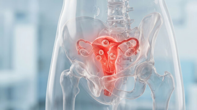 Uterine fibroid pelvic pain uterus women health gynecology female anatomy medical concept showing uterus with fibroid highlight for women health education pelvic pain awareness gynecology medical