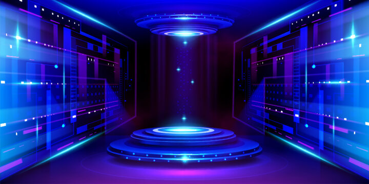 Futuristic technology stage with hologram portal and neon blue light effects. Vector realistic illustration, digital platform for AI data visualization, innovation tech lab with advanced HUD interface