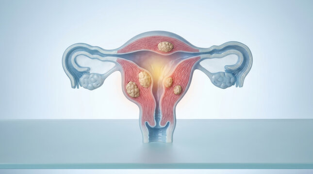 Uterine fibroid pelvic pain uterus women health gynecology female anatomy medical concept showing uterine fibroid inside uterus pelvic area with pain highlight for women health gynecology anatomy
