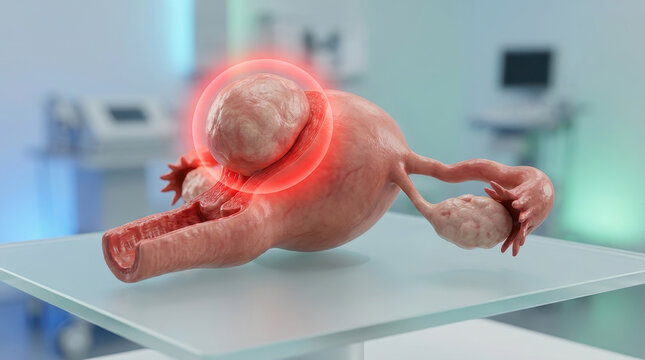 Uterine fibroid pelvic pain uterus women health gynecology female anatomy medical concept 3d render of uterus with inflamed fibroid highlight for women health education and clinical gynecology