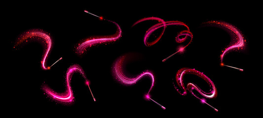 Naklejka premium Magical wand with glowing sparkles and light trails, realistic vector set on transparent background. Fairy spell effect, shimmering stars and particles, and luminous swirls, enchanting atmosphere