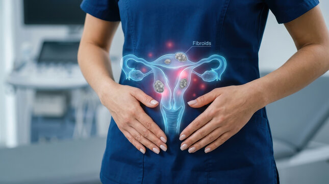 Uterine fibroid pelvic pain uterus women health gynecology female anatomy medical concept, nurse hand on abdomen with glowing uterus overlay in clinic showing discomfort and care