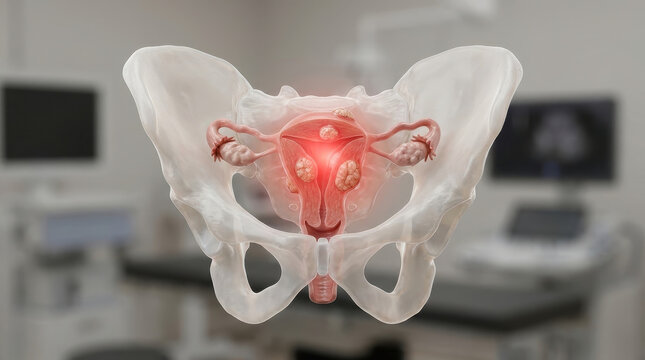 Uterine fibroid pelvic pain uterus women health gynecology female anatomy medical concept, transparent pelvis model with inflamed uterus in clinic background for diagnosis and education