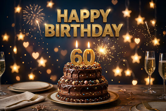 Happy 60th birthday tiered chocolate cake with sparklers, candles, and festive golden star lights