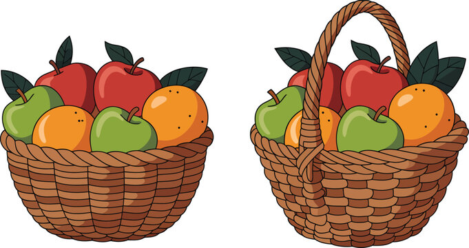 Woven fruit baskets with apples and oranges