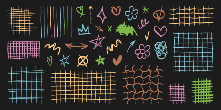 Hand drawn grid pattern with pencil doodle lines or color crayon strokes, cartoon vector texture on black background. Abstract checkered sketch elements for creative school design, grunge drawing