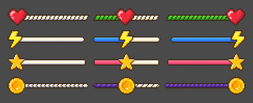 Pixel art game interface with energy bar and health gauge. Retro 8-bit ui design with status meter, full and half empty hp indicator, heart, coin, star and lightning icons for arcade gaming