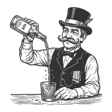 stylish vintage bartender in top hat pouring gin into a cocktail glass, evoking classic bar culture sketch engraving generative ai vector illustration. Scratch board imitation. Black and white image.