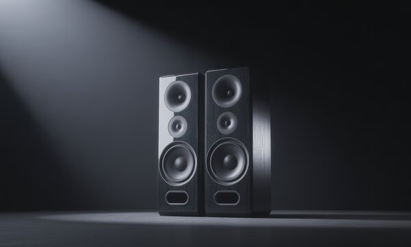 Two black studio monitor speakers in a dark environment.