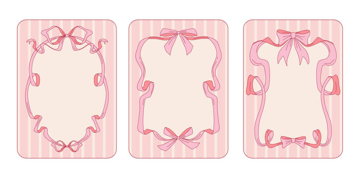 Whimsical pink ribbon frame with coquette bow, vintage vector borders isolated on background. Girly birthday invitation design, wedding cards elements with hand drawn pastel lines, stripped pattern